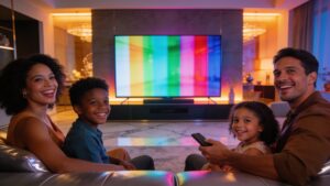 A family watching home entertainment illustrating streaming ecosystem evolution and digital cinema trends.
