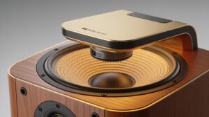A high-fidelity speaker with up-firing drivers used in streaming era home theater entertainment trends.