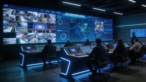 A high-tech joint operations center coordinating event security and logistics for Dakar 2026.