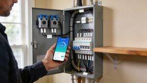 A homeowner inspecting a smart electrical panel featuring smart home energy monitor buying guide considerations