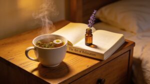 A hot herbal tea and relaxation setup featured in circadian rhythm daily optimization habits