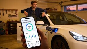 A mobile app interface displaying real-time charging metrics featured in Level 2 EV home charger buying guide solutions.