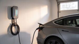 A modern electric vehicle plugged into a wall-mounted unit representing Level 2 EV home charger buying guide solutions.