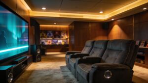 A modern home cinema room illustrating streaming era home theater entertainment trends with a vibrant OLED screen.