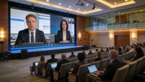 A modern hybrid conference hall showcasing sustainable hybrid event management strategies in action.