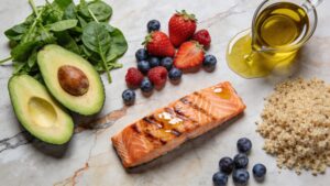 A nutrient-dense whole food plate representing anti-inflammatory nutrition for daily vitality.