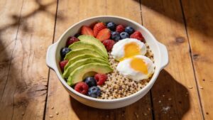 A nutritious breakfast bowl representing strategic meal timing in holistic circadian lifestyle habits.