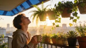 A person practicing morning sunlight exposure as part of holistic circadian lifestyle habits on a sunlit balcony.