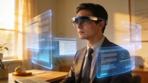 A professional operating translucent digital screens enabled by next-gen spatial computing tech innovations in a bright workspace.