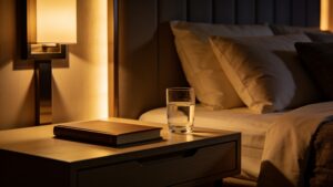 A serene screen-free bedroom setup supporting sleep architecture and circadian rhythm synchronization.