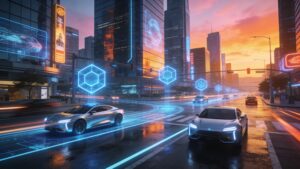 A smart city intersection illustrating edge computing and artificial intelligence integration in urban transport.