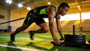 A sprinter performing sled pushes illustrating block periodization training frameworks in elite sports.