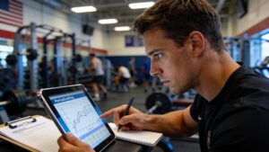 A strength coach evaluating periodization training frameworks in elite sports inside a high-tech training facility.