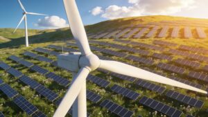 A vast solar and wind farm illustrating global renewable energy transition strategies in action