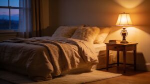 A warm dimly lit bedroom setting reflecting circadian rhythm daily optimization habits.