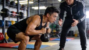 A young athlete executing a kettlebell squat as detailed in youth sports athletic performance training methods.