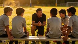 A youth coach mentoring players on mental resilience as outlined in youth sports athletic performance training methods.