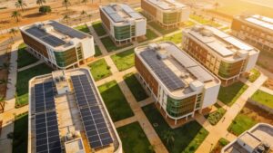 Aerial view of the Youth Olympic Village at Amadou Mahtar Mbow University highlighting sustainable legacy planning.