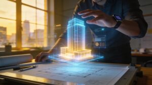An architect manipulating 3D models using next-gen spatial computing tech innovations in a design studio.