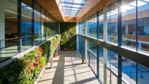 An eco-friendly convention center highlighting sustainable hybrid event management strategies.