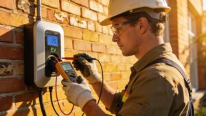 An electrician inspecting an outdoor charging unit as described in Level 2 EV home charger buying guide solutions.
