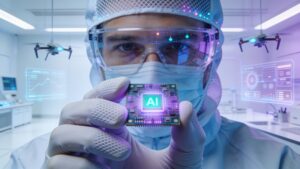 An engineer inspecting an AI microchip used in edge computing and artificial intelligence integration.