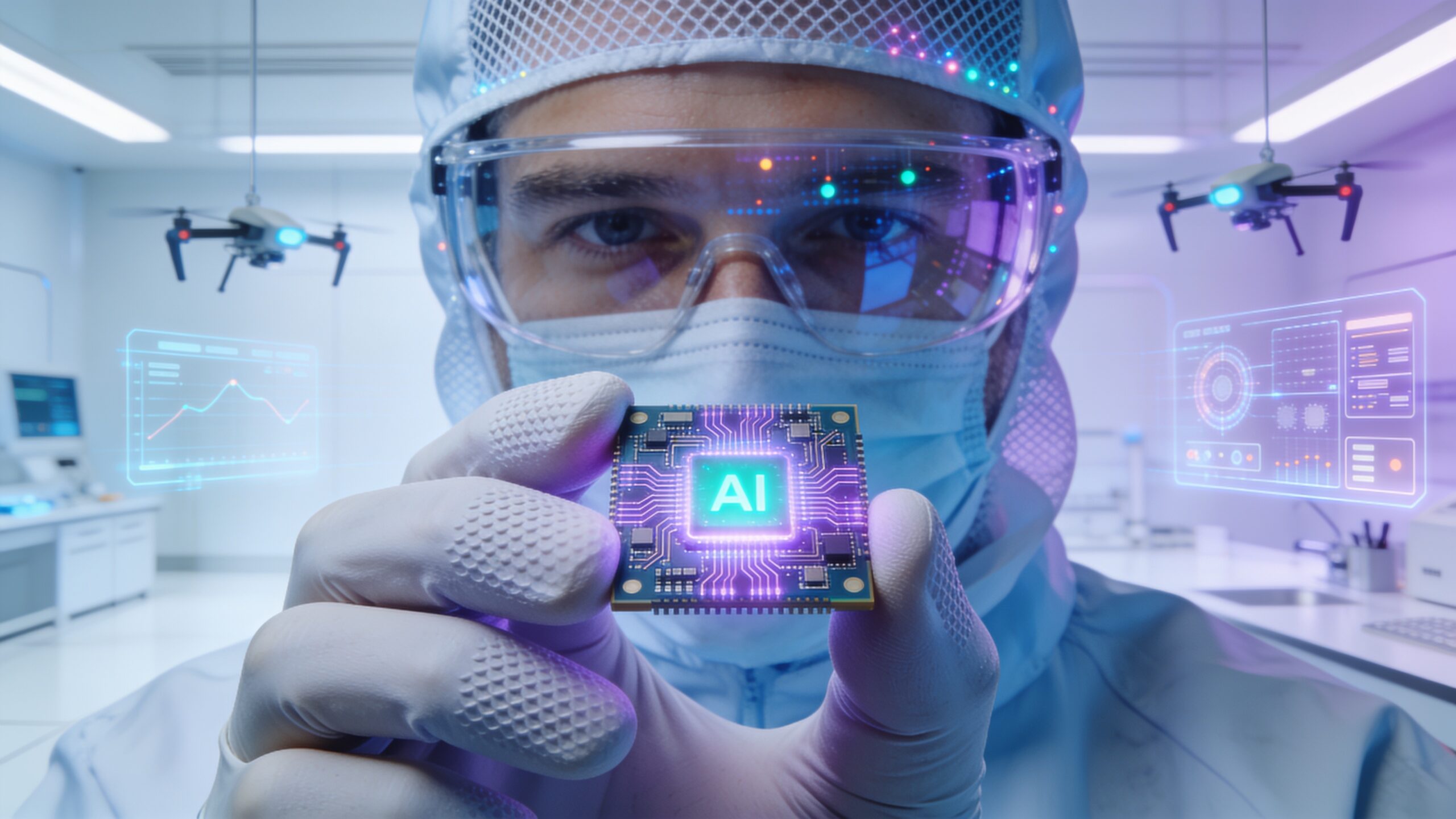 An engineer inspecting an AI microchip used in edge computing and artificial intelligence integration.
