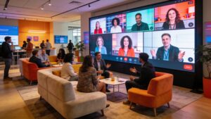 An interactive hybrid networking lounge embodying sustainable hybrid event management strategies