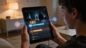 An interactive streaming media screen demonstrating streaming ecosystem evolution and digital cinema trends.