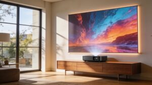 An ultra-short-throw laser projector highlighted in streaming era home theater entertainment trends