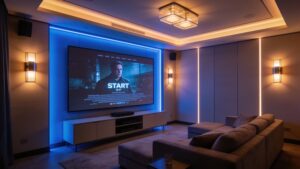Automated reactive lighting dimming in a room designed for streaming era home theater entertainment trends.