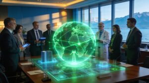 Delegates discussing sustainable AI energy transition frameworks at an international technology and climate summit.