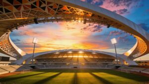 Exterior wide-angle view of the Stade Abdoulaye Wade showcasing modern international event logistics for Dakar 2026.