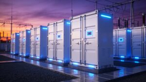 Industrial battery storage systems showcased in global renewable energy transition strategies.