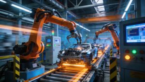 Industrial robotic arms operating with edge computing and artificial intelligence integration in a factory.