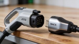 J1772 and NACS connector handles compared as detailed in Level 2 EV home charger buying guide solutions.