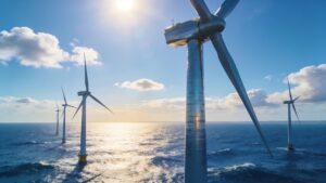 Offshore wind turbines standing in coastal waters as part of global renewable energy transition strategies.
