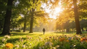 Outdoor morning walking routine showcasing circadian rhythm daily optimization habits.
