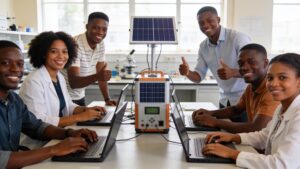 Researchers in a developing country utilizing open-source tools as part of sustainable AI energy transition frameworks.