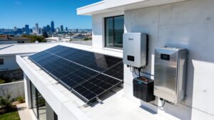 Rooftop solar panels and battery storage demonstrating smart home energy monitor buying guide considerations.