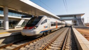 Senegal Regional Express Train executing transit logistics for the Dakar 2026 Youth Olympics.