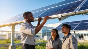 Technicians inspecting solar panels featured in global renewable energy transition strategies.