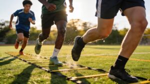 Teenage athletes performing agility ladder drills illustrating youth sports athletic performance training methods on an outdoor turf field.