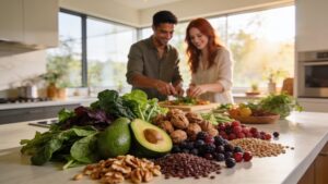 Two people preparing a nutrient-rich plant-based meal with fresh vegetables and legumes in a sunlit kitchen.