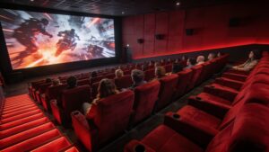 Moviegoers watching a film projected on a massive screen inside a modern luxury theater auditorium.
