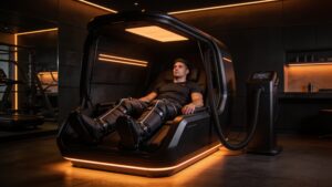 An athlete utilizing pneumatic compression boots for recovery inside a specialized sleep and recovery suite.