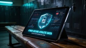 Digital security lock illustration overlaid on biometric health charts representing athlete data ownership and privacy protection.