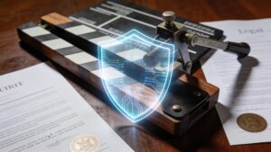Legal documents and film slate resting on a desk with digital glowing security lock overlay representing copyright and likeness protection.