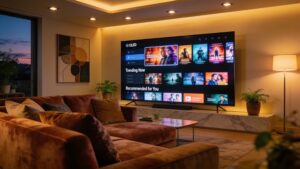 A smart TV displaying a personalized streaming service user interface in a modern living room.