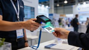 An exhibitor using a mobile device to scan an attendee's digital QR badge at a booth.
